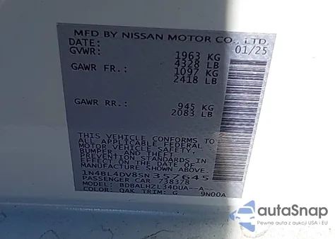 2025 Nissan Altima Sv Fwd from USA, damaged, VIN 1N4BL4DV8SN357645